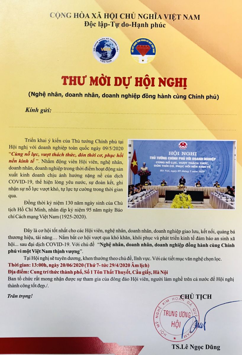 Thư mời dự hội nghị: nghệ nhân, doanh nhân, doanh nghiệp đồng hành cùng chính phủ